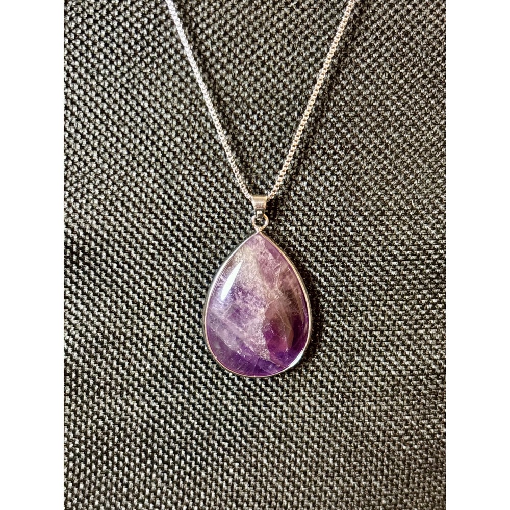 Amethyst Teardrop Pendant Necklace Stainless Steel Purple Stone Box Chain